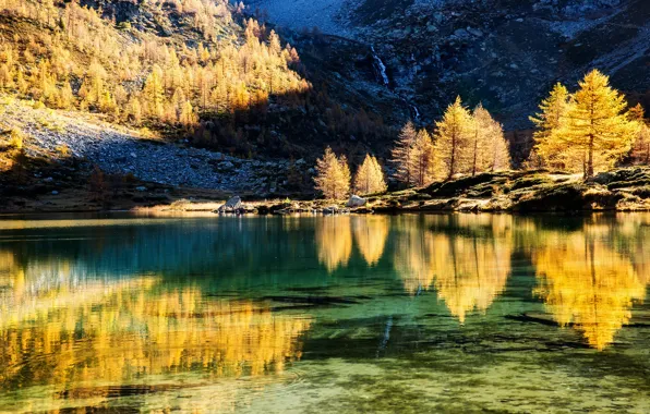 Autumn, trees, sunset, mountains, lake, reflection