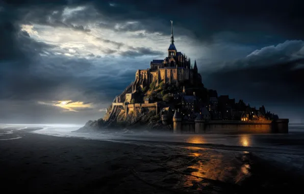 Night, clouds, lights, castle, shore, France, island, art