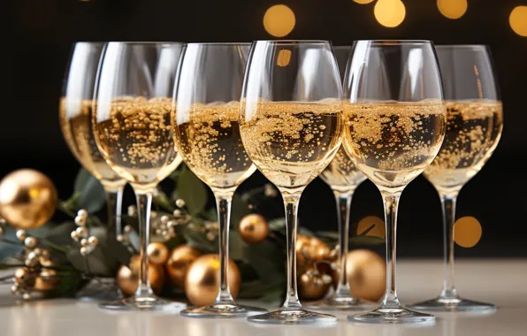 Holiday, wine, glasses, Christmas, alcohol, New year, champagne, bokeh