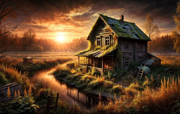 The sun, landscape, nature, house, hut, house, pond, AI art