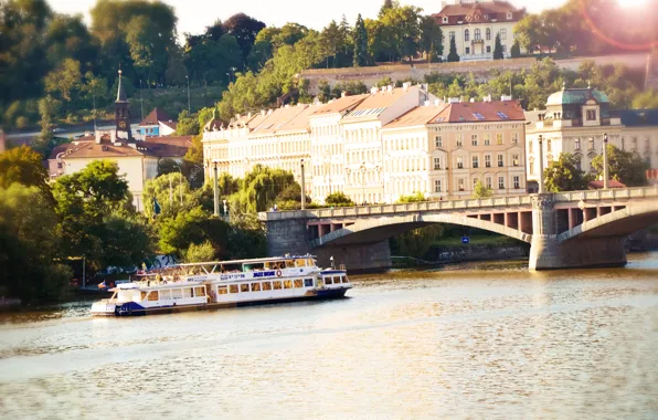 Trees, the city, river, building, home, Czech Republic, beautiful, panorama