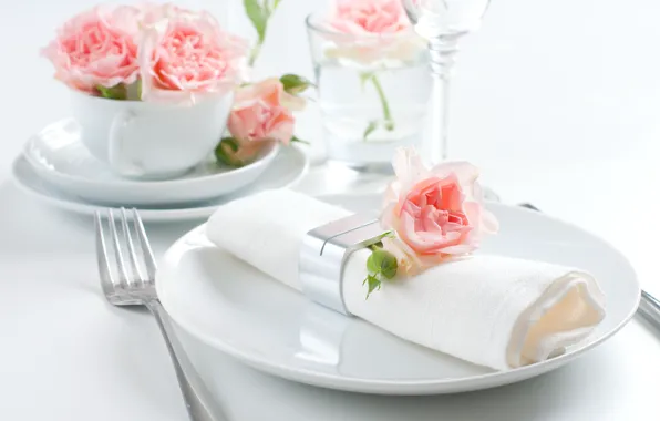 Holiday, roses, plates, napkin, decor, serving