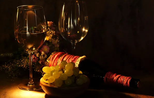Flowers, table, wine, bottle, glasses, grapes, twilight, a bunch