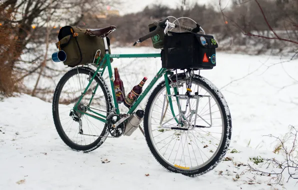 Picture winter, snow, bike, lights, beer, Cup, adventure, bags