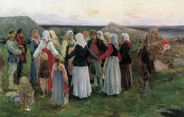 Picture girls, oil, guys, shawls, Alexey STEPANOV, in the village, Dance. Canvas