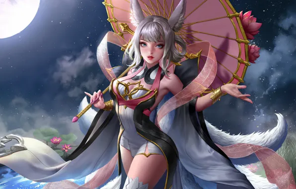 Girl, sexy, cleavage, thighhighs, dress, boobs, animal ears, umbrella
