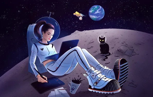 Picture girl, moon, laptop, astronaut