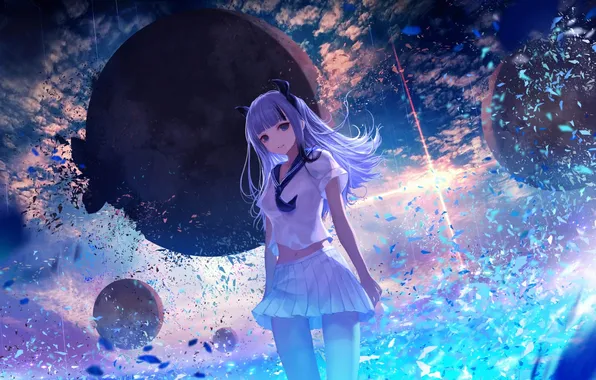 Picture the sky, girl, clouds, sunset, planet, anime, art, form