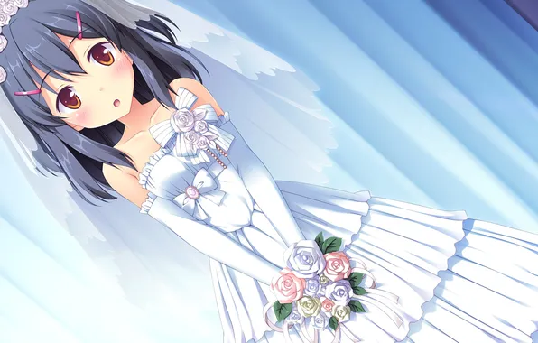 Picture Girl, Dress, Veil, Game CG, Blush, A bouquet of flowers, Melty Moment, Fujibayashi Misao