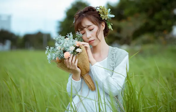 Picture grass, girl, bouquet, Asian