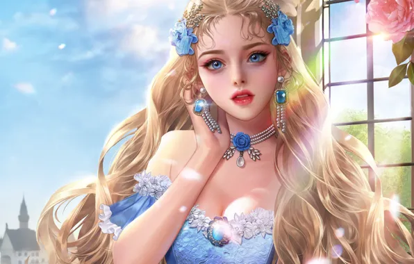 Picture earrings, neckline, blue eyes, princess, blue dress, flowing hair, gem, pearl pendant