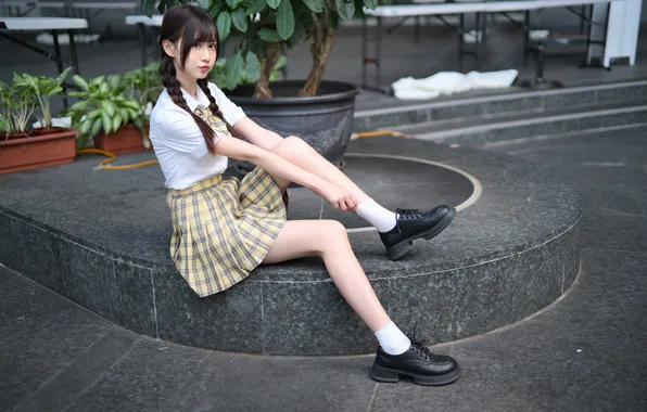 Girl, braids, schoolgirl, legs, Asian, uniform