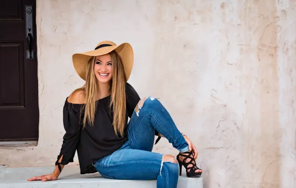 Picture girl, pose, smile, mood, jeans, hat