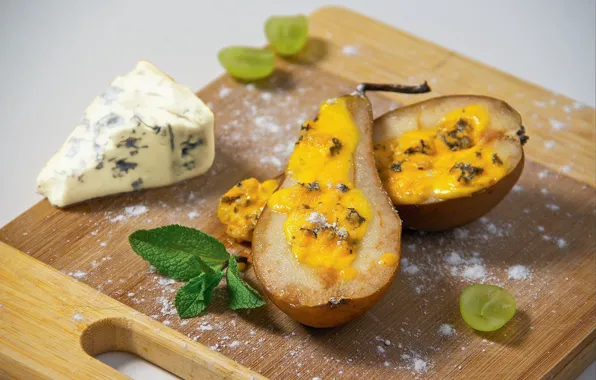Cheese, grapes, pear, mint