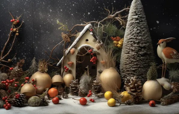 Winter, snow, toys, Christmas, New year, still life, items, AI art
