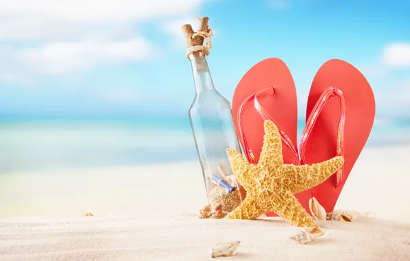 Sand, sea, beach, summer, the sun, bottle, shell, summer