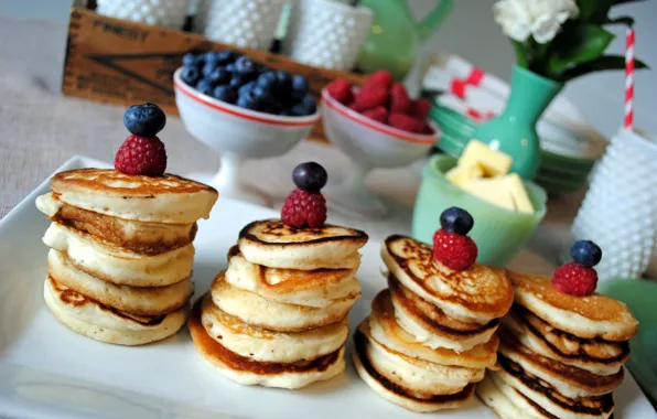 Berries, Breakfast, cakes, pancakes
