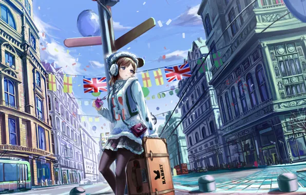 Picture girl, the city, home, anime, headphones, art, suitcase, flags