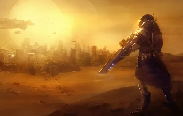 Sand, the sun, the city, weapons, transport, desert, people, ship