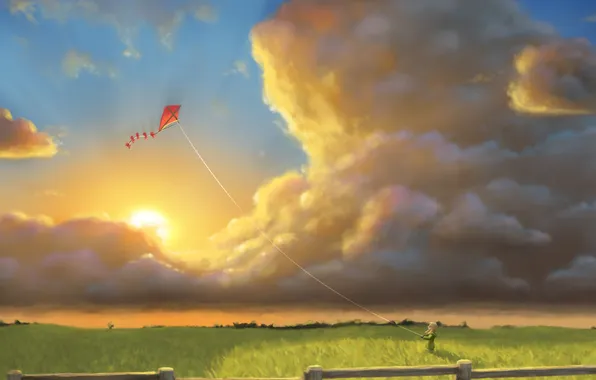 Picture field, the sky, grass, the sun, clouds, kite, girl
