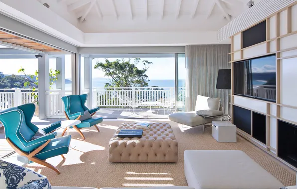 Design, interior, marine style, terrace, living room, upholstered furniture, family room, villa by the sea