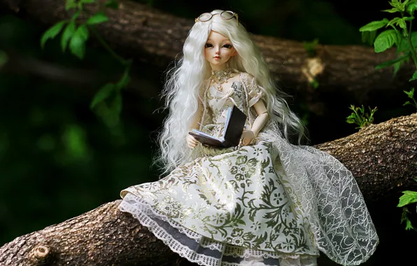 Girl, tree, doll, dress, glasses, blonde, book