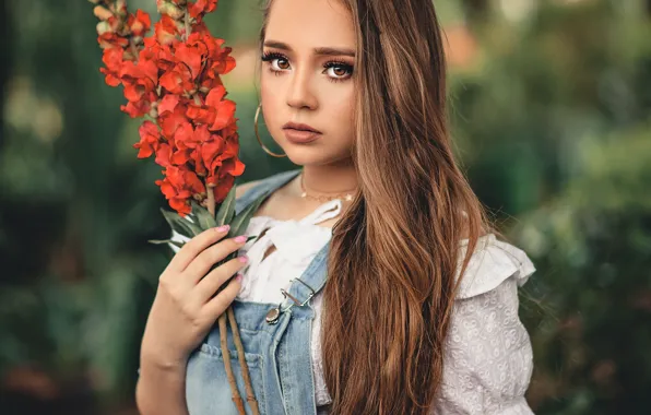 Look, girl, flowers, nature, blouse, brown hair, curls