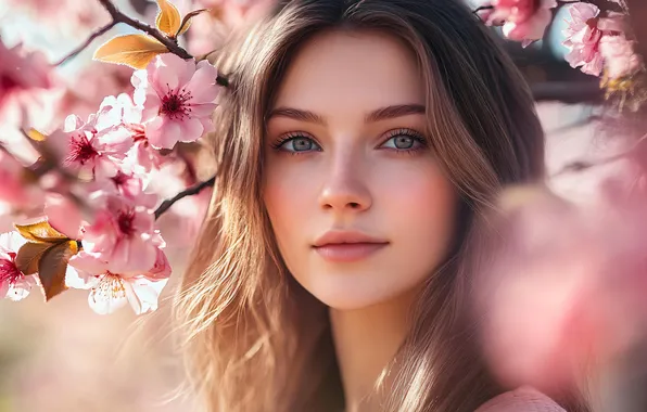 Look, girl, light, flowers, branches, face, sweetheart, portrait
