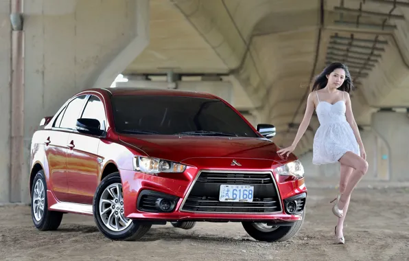 Picture look, Girls, Mitsubishi, Asian, beautiful girl, red car, posing on the car