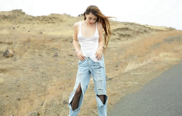 Picture girl, sexy, beautiful, model, jeans, asian, cute, T-shirt