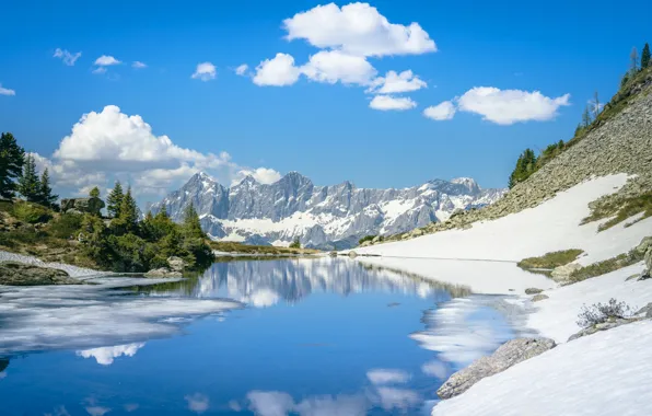 Picture snow, mountains, lake