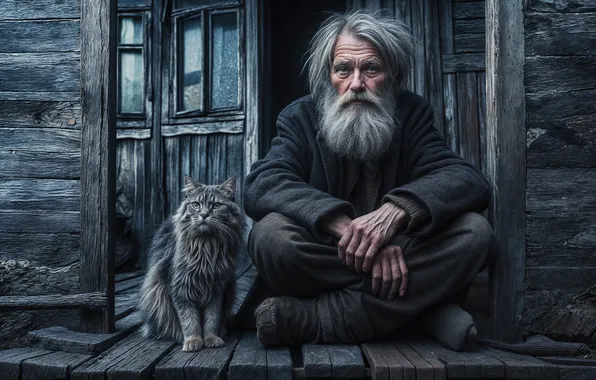 Cat, cat, house, grandfather, the old man, AI art, neural network