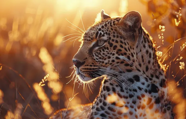Look, face, light, portrait, morning, spikelets, leopard, lies