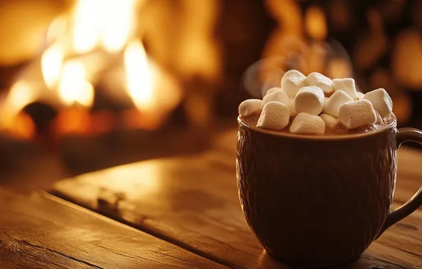 Comfort, heat, table, fire, mug, fireplace, drink, dessert