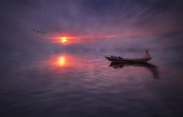 Wallpaper night, fog, boat, fishing for mobile and desktop