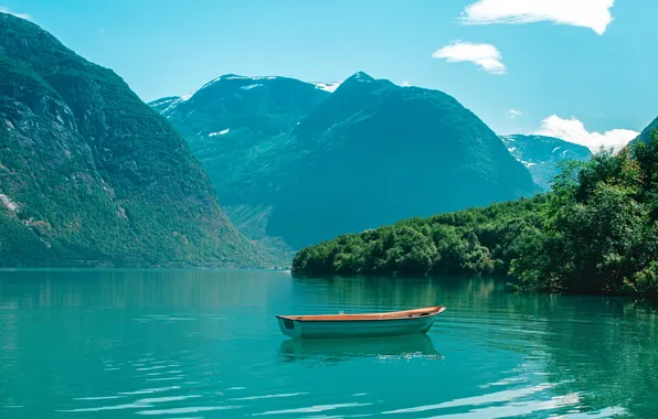 Picture forest, the sky, clouds, landscape, mountains, nature, lake, boat