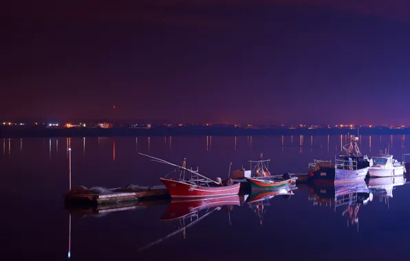 Reflection, night, river, boats, the evening, Portugal