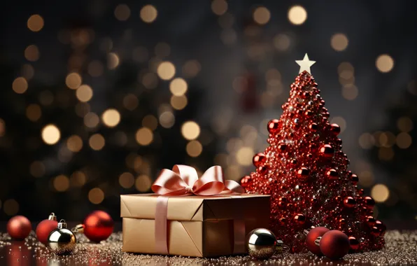 Balls, lights, box, gift, Shine, Christmas, gifts, New year