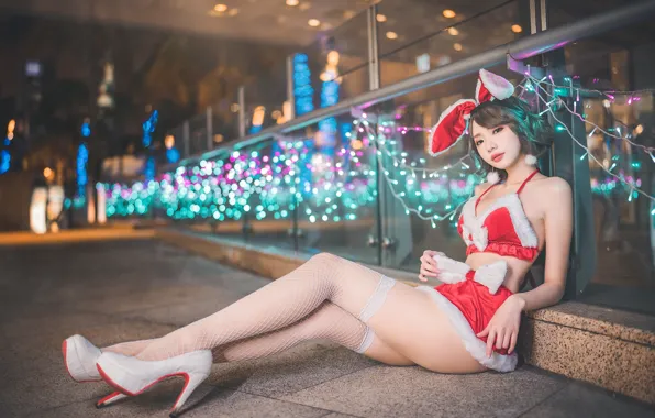 Look, lights, pose, model, new year, stockings, makeup, figure