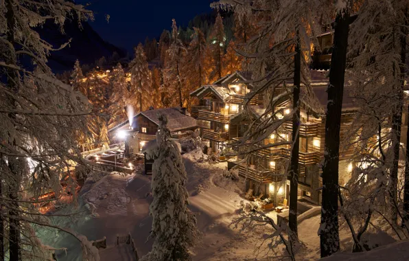 Nature, Winter, The evening, Trees, Snow, Switzerland, Village, Nature