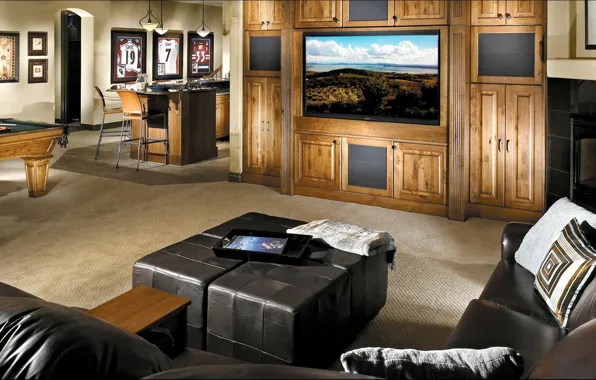 Interior, Billiards, kitchen, living room, Basement