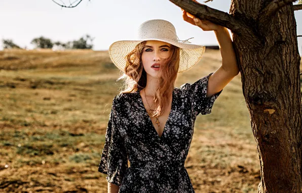 Girl, trees, nature, hat, makeup, dress, blonde