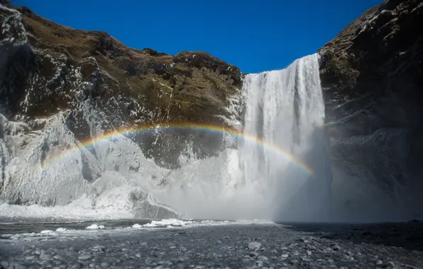 Picture Nature, Waterfall, Rocks, Rainbow, Rainbow, Nature, Iceland, Waterfall