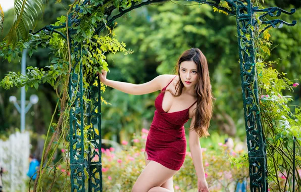 Greens, the sun, trees, flowers, sexy, pose, Park, model