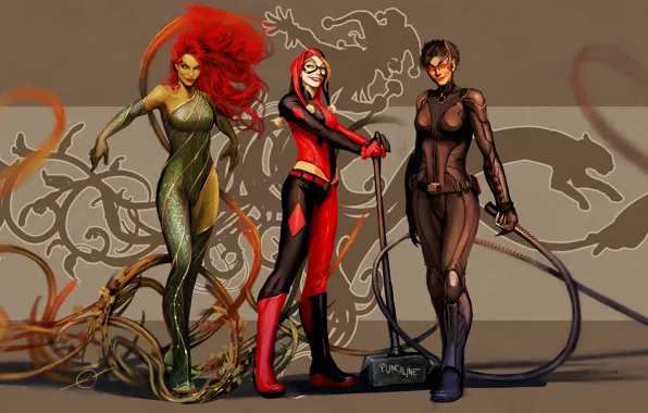 Picture art, dc comics, Catwoman, Selina Kyle, Harley Quinn, Poison Ivy, nebezial, Dr. Pamela Lillian Isley