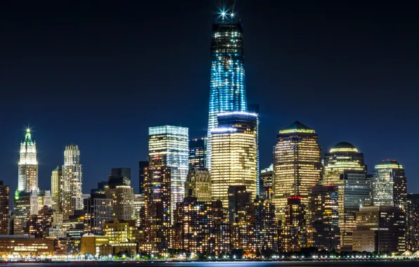 Lights, USA, skyline, New York, Manhattan, evening, skyscrapers, Freedom Tower