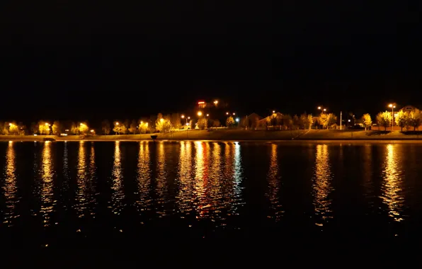 Picture water, light, night, lights, lake, shore, lights