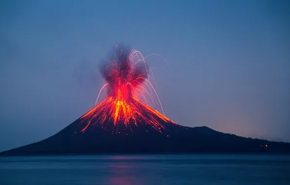 Sea, the sky, water, the explosion, smoke, twilight, the evening, the volcano