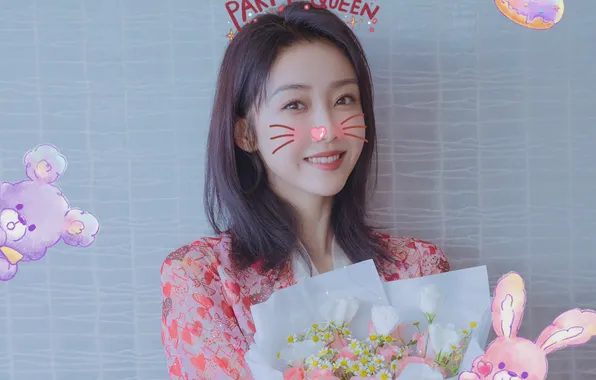 Girl, bouquet, actress, China, emoticons, Xuan Lu, Xuan Lu