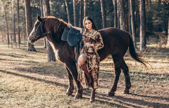 Girl, trees, pose, horse, horse, Maria, Anton Kharisov